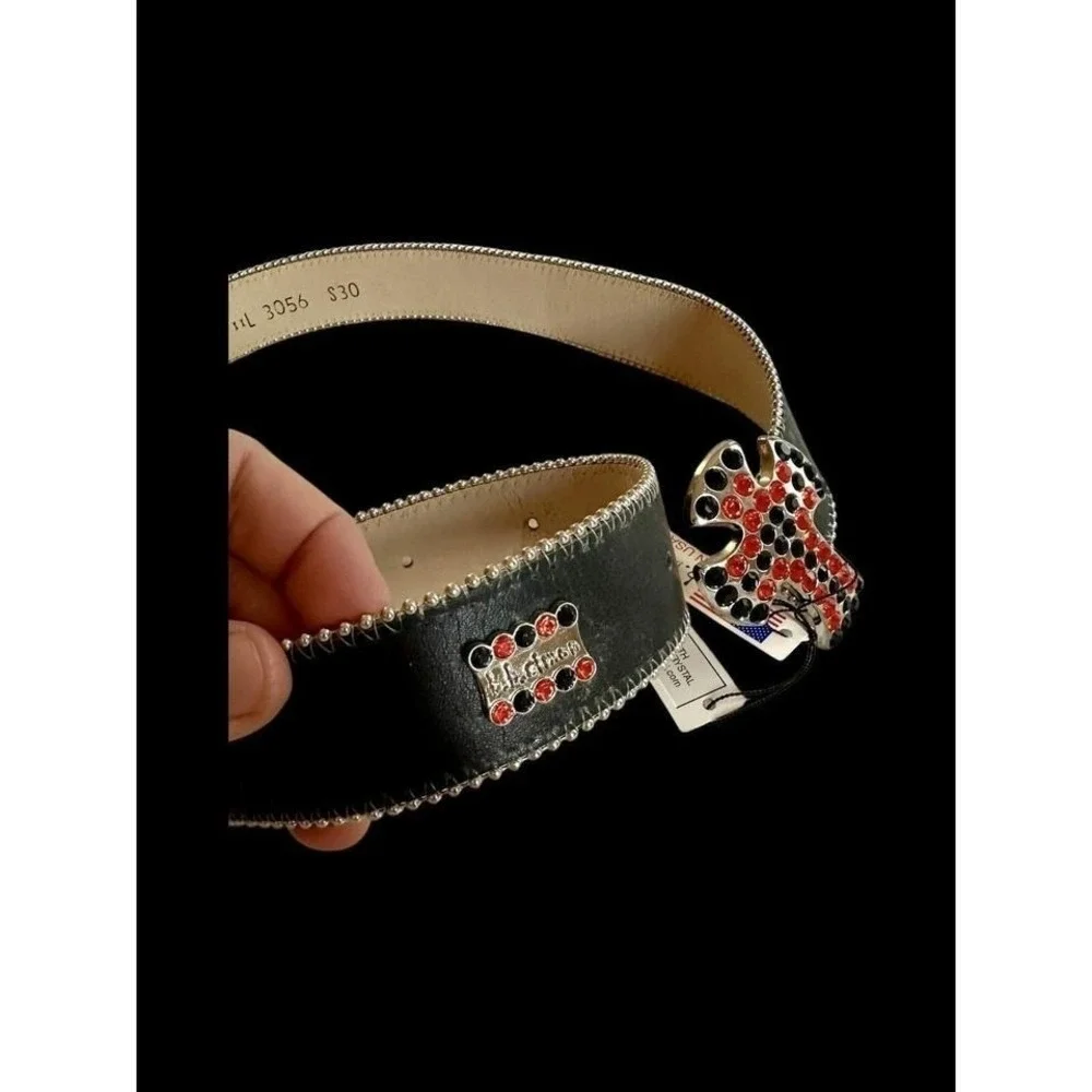 BB SIMON Y2K Vintage‎ Belt Large Black Leather Orange Crystal Cross 90's Rare